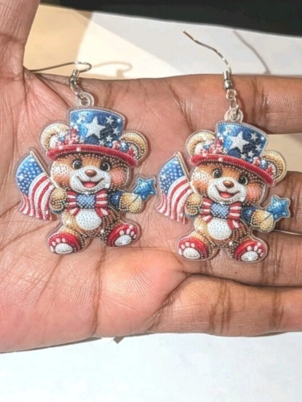 Patriotic Teddy Bear Dangle Earrings - Red White Blue